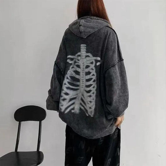 High Street Old Washed Bone Print Hooded Sweater Oversize Couple Sweater Hiphop Retro Casual Loose Long-sleeved Pullover Sweater Man and Women Top