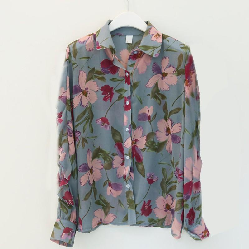 Fashion Women Shirt Floral Printed Blouses Chiffon Blouse Korea Tops Casual V-neck Long Sleeve Ladies Shirt