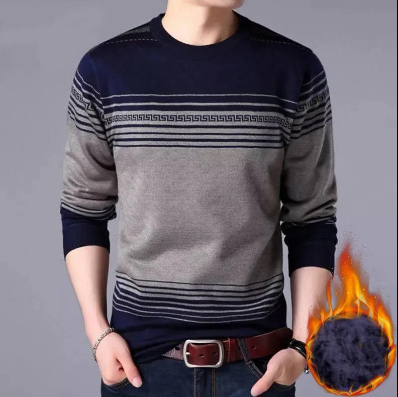 WTEMPO Men Pullover Cashmere Padded Warm Shirt Round Neck Striped Shirt Winter Soft and Comfortable Pullover