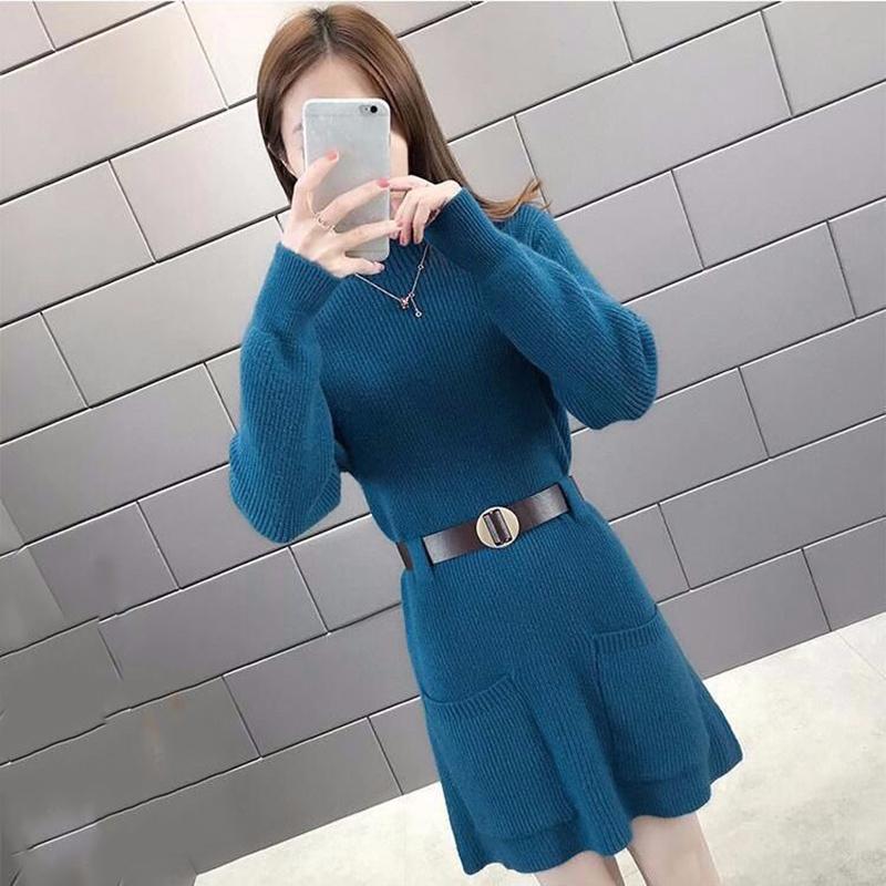 Korean Style Loose Outer Wear Mid-length Sweater Women Waist Slim Half Turtleneck Long Sleeve Autumn  Winter Base Sweater Dress