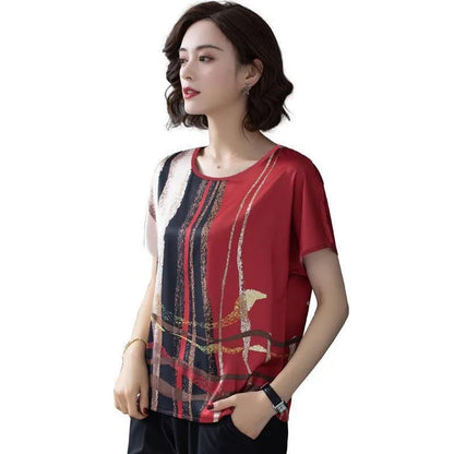 Summer Ice Silk Positioning Printing Round Neck T-shirt Women's Plus Size Women's Loose Slimming Top Bottoming Shirt