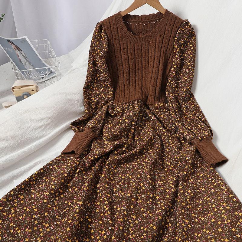 Autumn and Winter Women's Dress Stitching Knitted Long dress A-line Corduroy Floral Dress