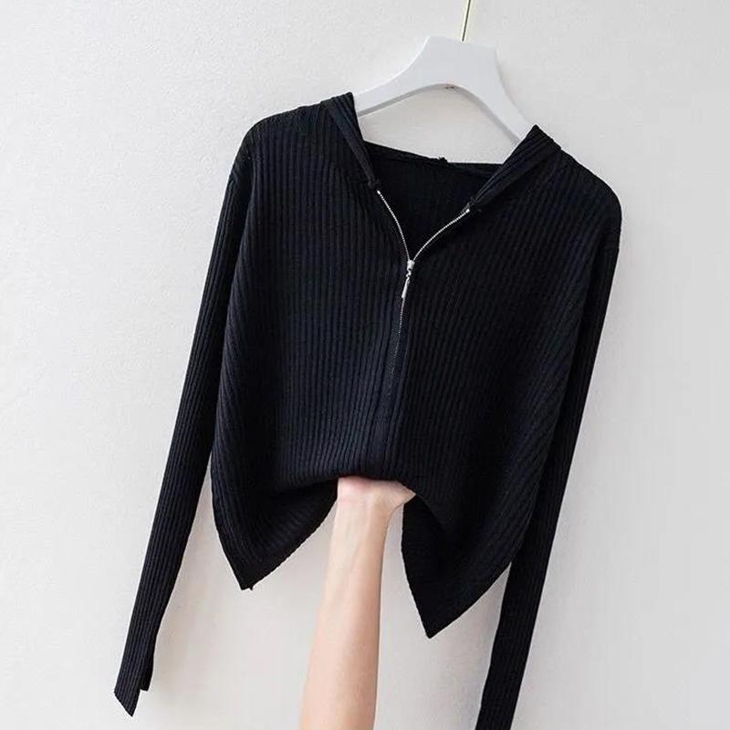 Summer Knitted Cardigan Women's Thin Jacket with Hooded Sweater and Zipper Outside