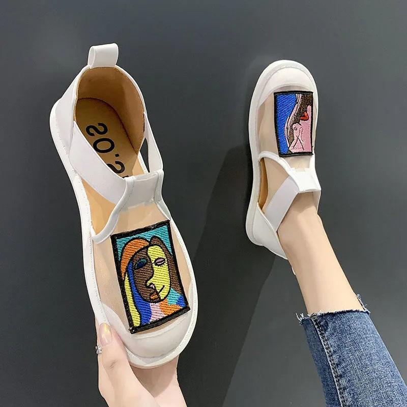 Ladies Summer Organza Abstract Women Slip-on Sandals Lightweight Non-slip Lazy Flat Sandals Breathable and Comfortable Shoes