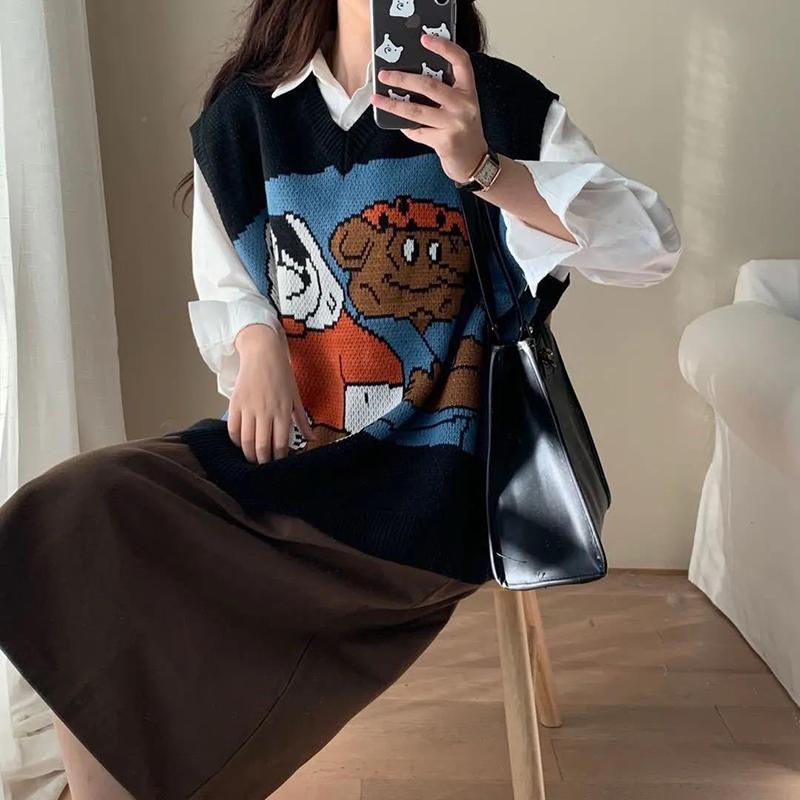 One-piece Spring and Autumn V-neck Knitted Pullover Thin Sweater Loose Vest Vest Casual Ladies Sleeveless Vest Sweater Comfortable and Loose