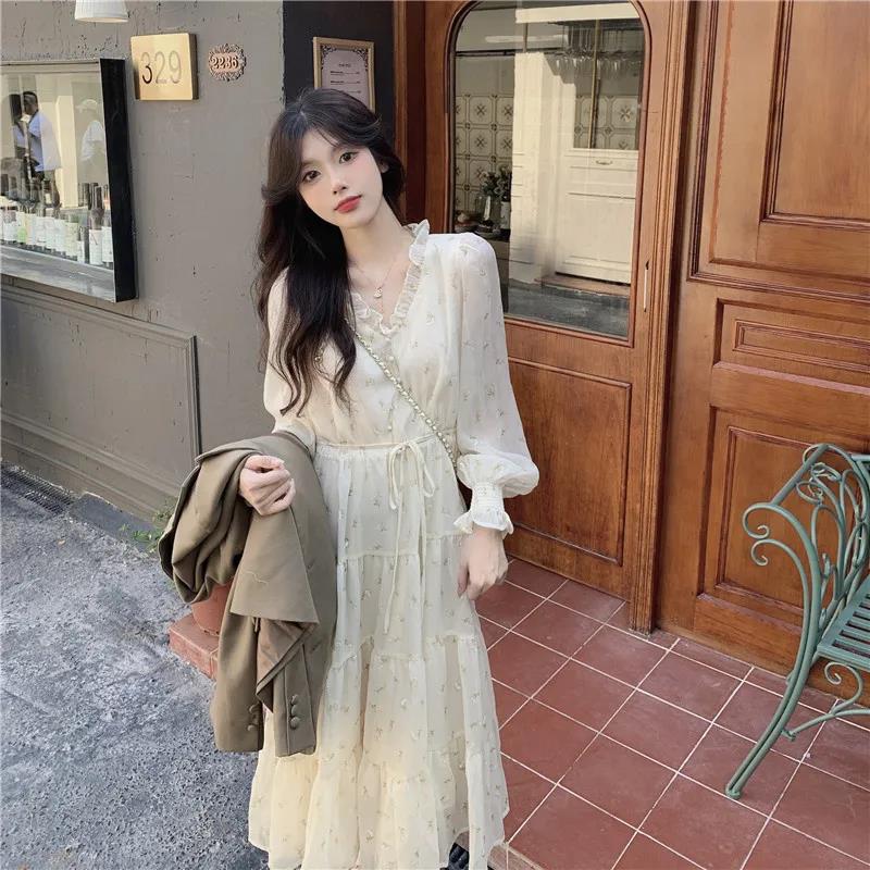 Female Vintage High Waist Super Fairy Holiday Dress Elegant Slim Chiffon Floral Print Pleated Dress