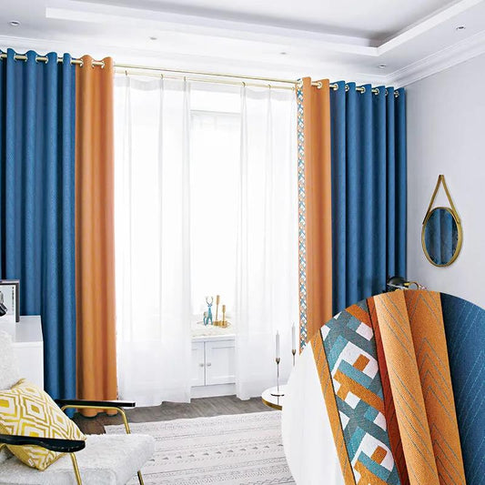 Nordic Minimalist Curtains Seamless Stitching Bedroom Living Room Shading Lattice Contrast Color Curtains (2 Pieces)