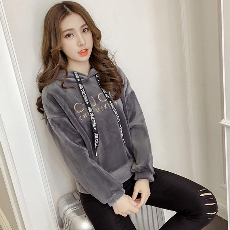 Cotton Women's Sweatshirt Wild Large Size Long Sleeve Warm Hood Top Autumn Winter Sweatshirt