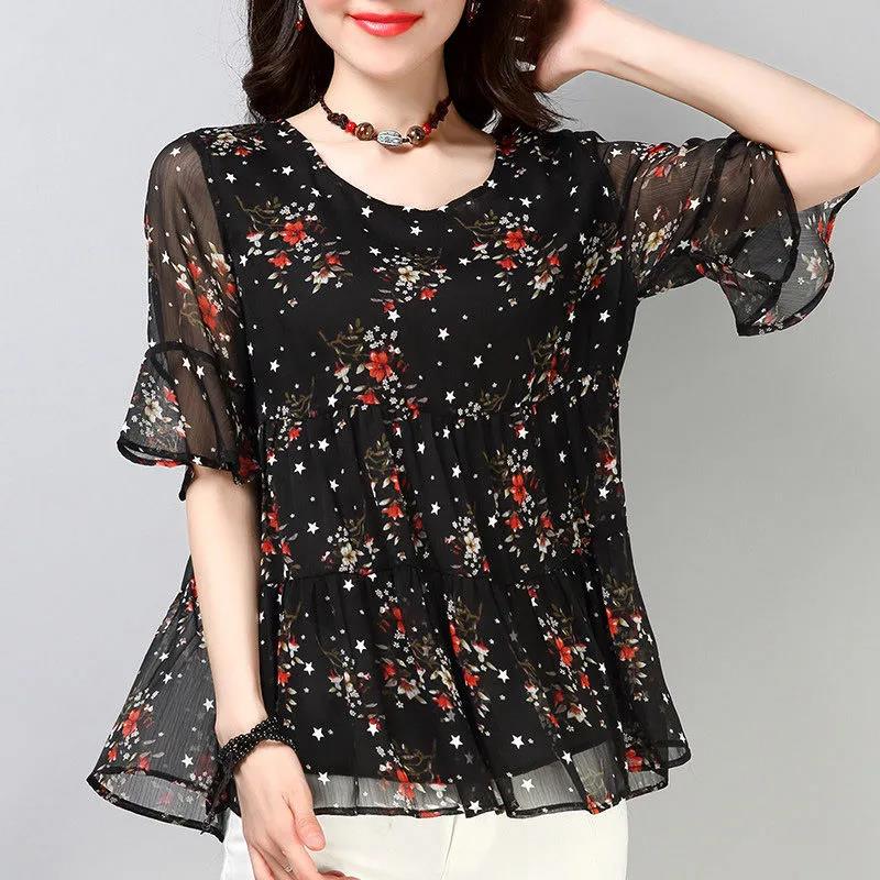 Chiffon Shirt Short-sleeved Plus Size Women's Blouse Floral Loose T Round Neck Small Shirt Chiffon Fabric Light and Breathable Cool