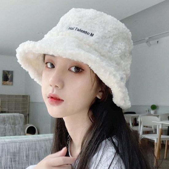 Women's Lamb Cashmere Hat Outdoor Warm Bucket Hat Solid Fluffy Fishing Cap Women Winter Fisherman Hat