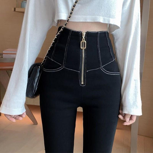 WTEMPO Zipper Closure Women's Super High Waist Leggings Can Be Worn Outside Cotton Black Pants Look Thin Tight Stretch Trousers