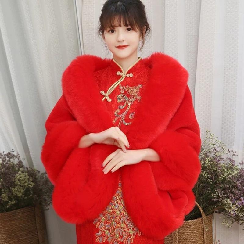 Ladies Winter Luxury Mink Fox Fur Shawl Faux Fur All-match Cloak Coat Plush Dress Cardigan Cloak High Quality Solid Thick Warm Cape Shawl Cloak