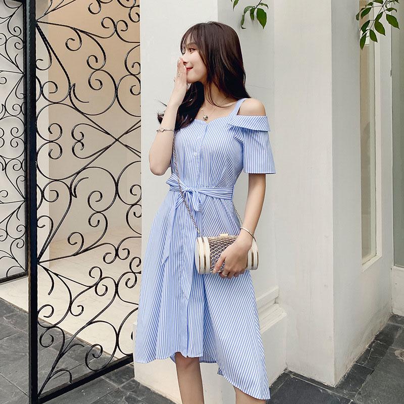 Pofulove Striped shirt dress summer women's midi loose off-shoulder pleated strap dress with belt