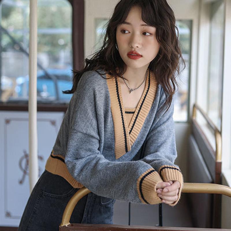 Sweater Jacket Women's Autumn  Winter Color Matching Thin Knit Sweater Short V-neck Loose Pullover Jacket Outer Wear