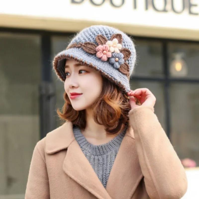 Winter Women's Knitted Hat Classic Handmade Woolen Bowl Hat and Velvet Warm Hat