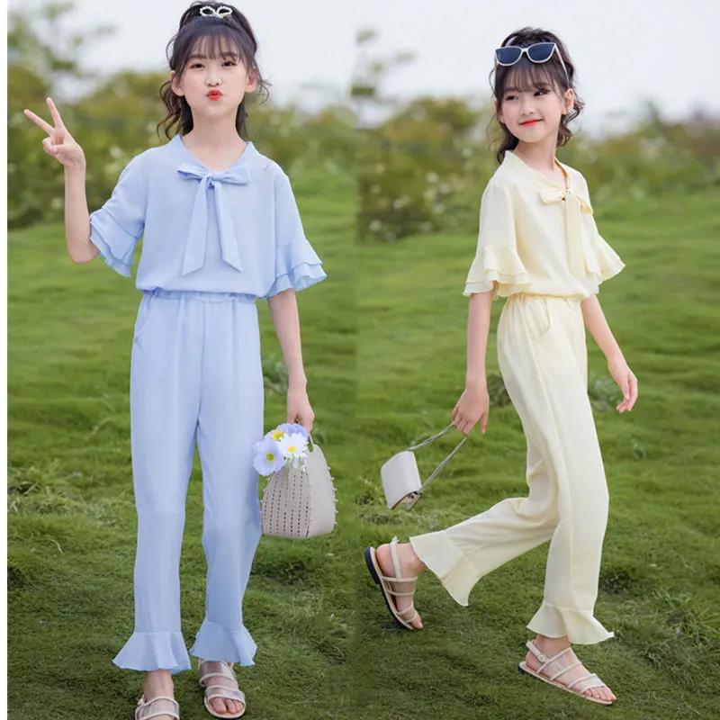 Girls' Set Summer Thin Korean Short Sleeve Pants Two Piece Set Bow Tie Ruffle Loose Suit Casual Wear