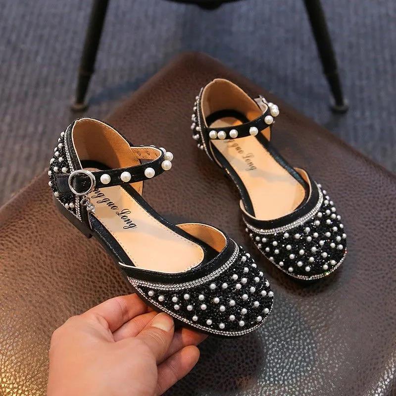 Girls Princess Baotou Half Sandals Summer Children's Soft Sole Fashion Little Girls Dance Crystal Leather Shoes