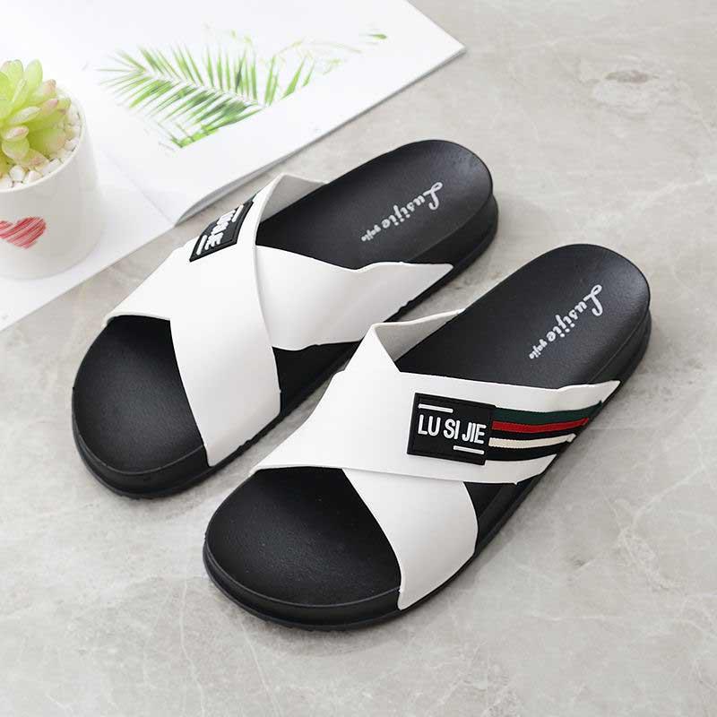 Size40-45 Summer Men Sandals Comfortable Non-slip PU Leather Beach Slippers Casual Outdoor Slippers Cross Alphabet Drag Flip Flops