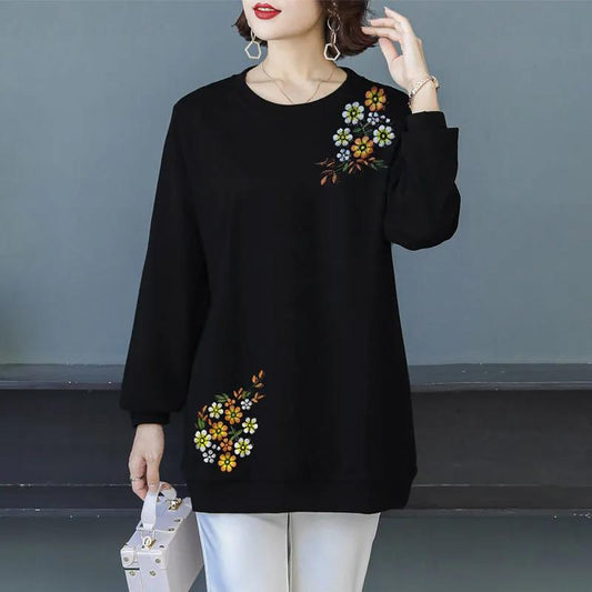 Women Casual Long Sleeve Polyester Loose Blouse Spring Round Neck embroidered decoration T-Shirt Vintage Tops Pullover