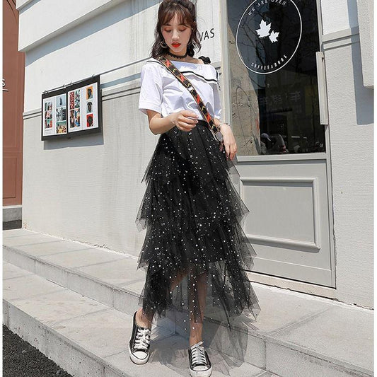 Fashion Elastic High Waist Long Tulle Skirt Women Irregular Hem Mesh Tutu Skirt Summer Party Skirt