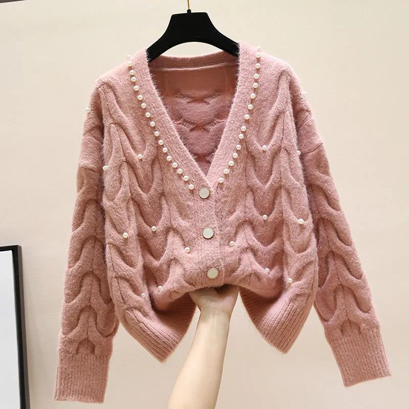 Autumn Winter Knitted Female Cardigan Loose Streetwear Knit Sweater Coat Cute V Neck Knitted Cardigan Women Jacket