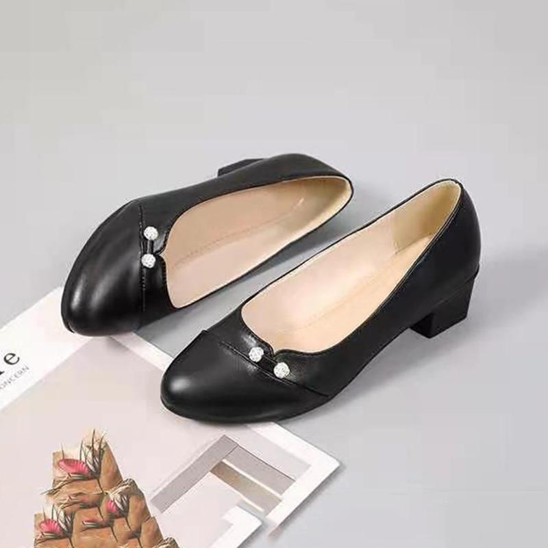 Single Shoes Thick Heel Soft Leather Mother Shoes Round Toe All-match Non-slip Comfortable Work 4cm Medium Heel Women's Leather Shoes