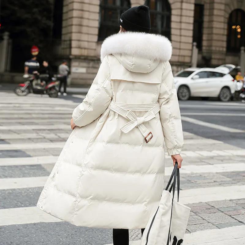 Down Jacket Winter Ladies Fashion Korean Big Fur Collar Thick Warm Hooded Mid-length Plus Size Cotton Jacket