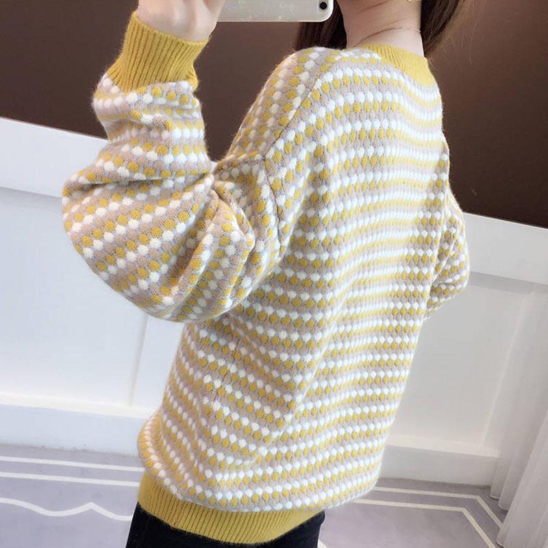 Winter striped sweater contrast women's Crew neck pullover loose  Plus Size  loose Knit Sweater warm