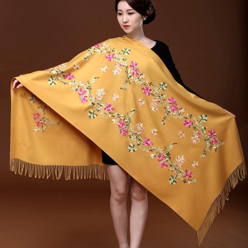 Red Embroidered Scarf Female Ethnic Style Thick Double-sided Warmth Shawl Dual-use Autumn and Winter Wild Long Section