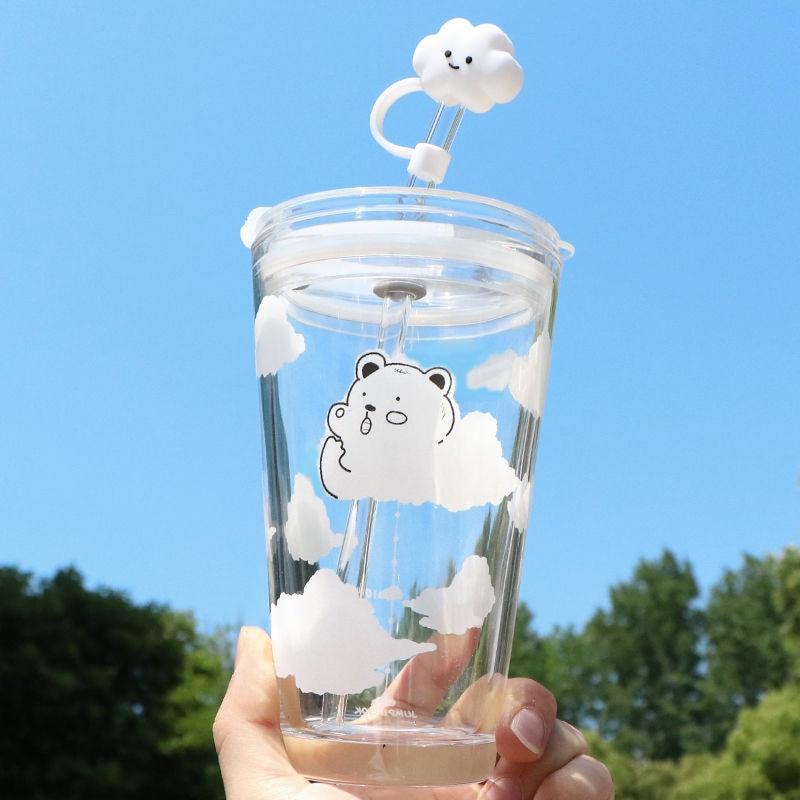 480ml Glass Water Bottle with Straw Cartoon Clouds Straw Cup Leakproof Portable Drinking Bottle with A Sealing Cap Lid