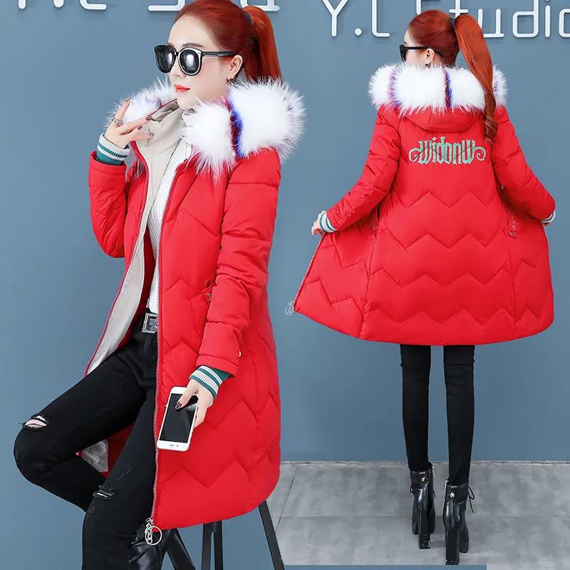 Down Jacket Winter Ladies Fashion Korean Big Fur Collar Thick Warm Hooded Mid-length Plus Size Cotton Jacket