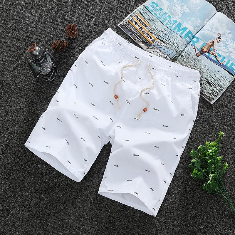 Pure cotton breathable five-point shorts men's summer casual sports shorts outside wearing fish bone print solid color beach pants