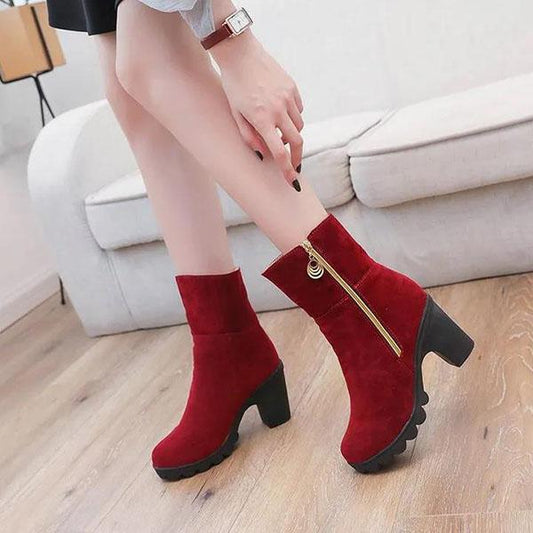 Women's Winter Large Size Solid Color Warm Snow Boots Non Slip Short Martin Boots High Heel Cotton Shoes