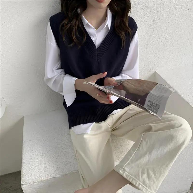 Women's Shirt Sweater Two Piece Set Sweater Vest Women V-neck Solid Simple Slim All-match Casual Style Chic Autumn Winter Sleeveless Sweaters