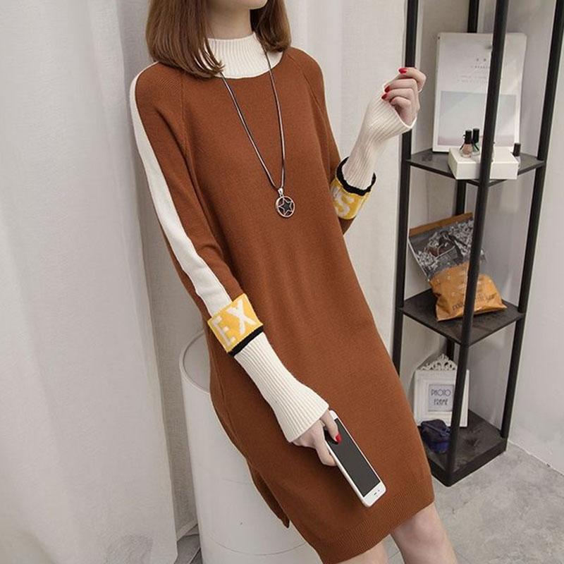 Autumn and Winter Color Matching Plus Size Dress Mid-length Loose Knit Bottoming Shirt Thick Half High Neck Women's Sweater Dress