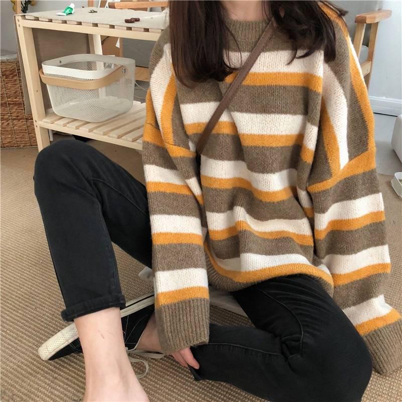 Pofulove  Hit Color Striped Sweater Women Korean Lazy Loose Was Thin Bottoming Sweater Fashion