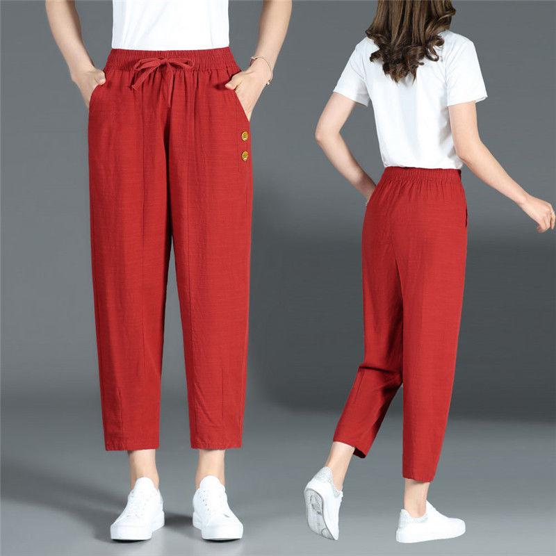 WTEMPO XL-XXXXL Cotton Linen Pants Women Spring and Summer Loose Elastic Waist Solid Color Casual Trousers