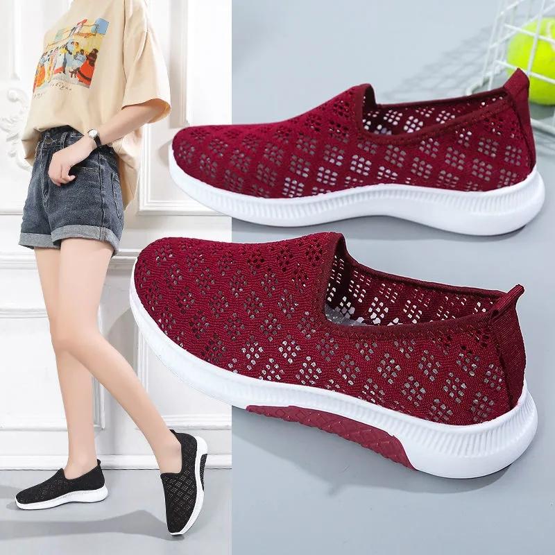 Summer Hollow Out Breathable Slip-on Flat Shoes Women's Fly-woven Mesh Shoes Middle-aged Elderly Non-slip Flat Mesh Shoes