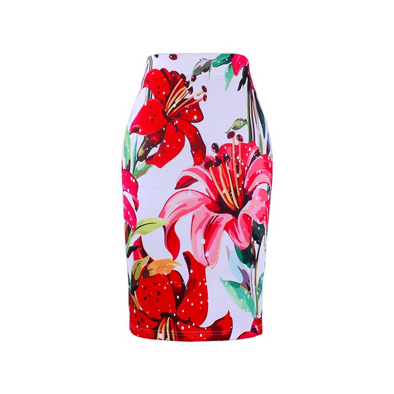 Female Vintage Floral Print Holiday Skirt High-waist Bag Hip Slim Knee-length Elegant Casual Skirt