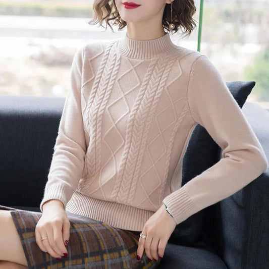 Women's Spring and Autumn Long Sleeve Casual Sweaters Large Size Solid Color Versatile Slim Knitted Tops