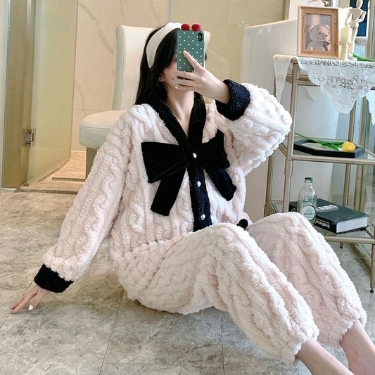 Women's Pajamas Suit Coral Fleece Pyjamas Set Flannel Sleepwear Winter Warm Homewear Long Sleeve Tops and Pants Sets Bow Cute Sweet Girls Nightwear