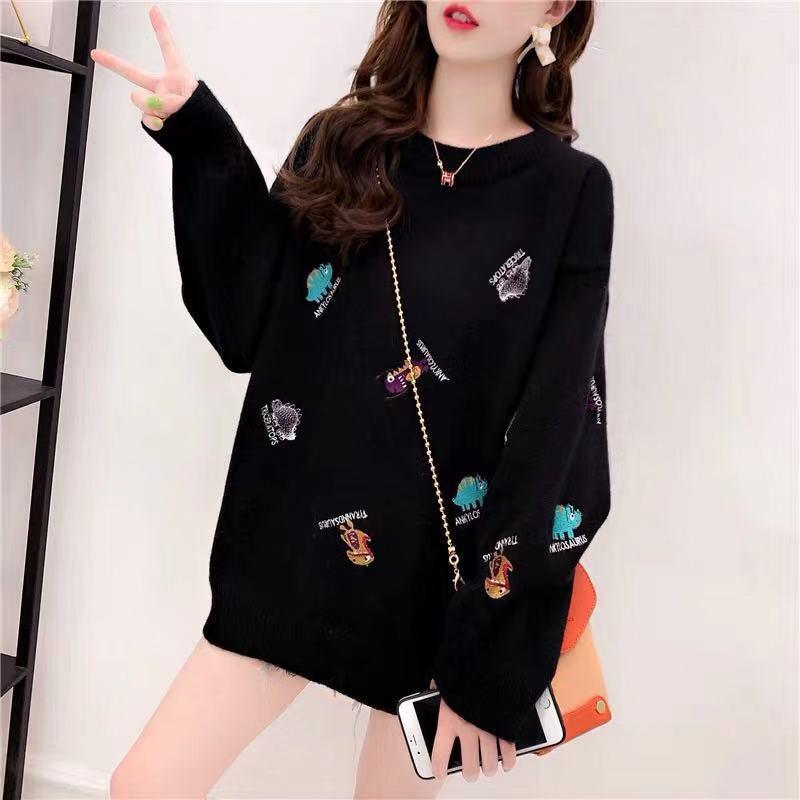 Casual Embroidery Sweater Women Loose Round Neck Pullover Sweater Thickened Warm Knitwear Jumper Outwear