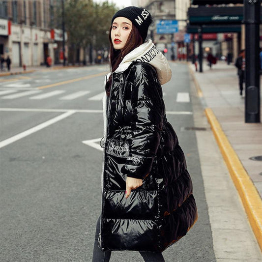 Women's Winter Korean Loose Quilted Coat Warm Stand-collar Down Jacket Women's Glossy Mid-length Down Jacket