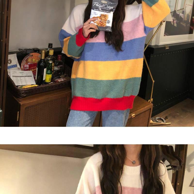 Pofulove Sweet Rainbow Striped Sweater Female Korean Lazy Loose Hit Color Pullover Sweater Coat