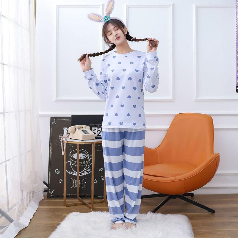 Women's Printed Heart Tops Striped Pants Long-sleeved Modal Pajamas Set Spring Autumn Two-piece Set Sweet Loose Casual Home Wear