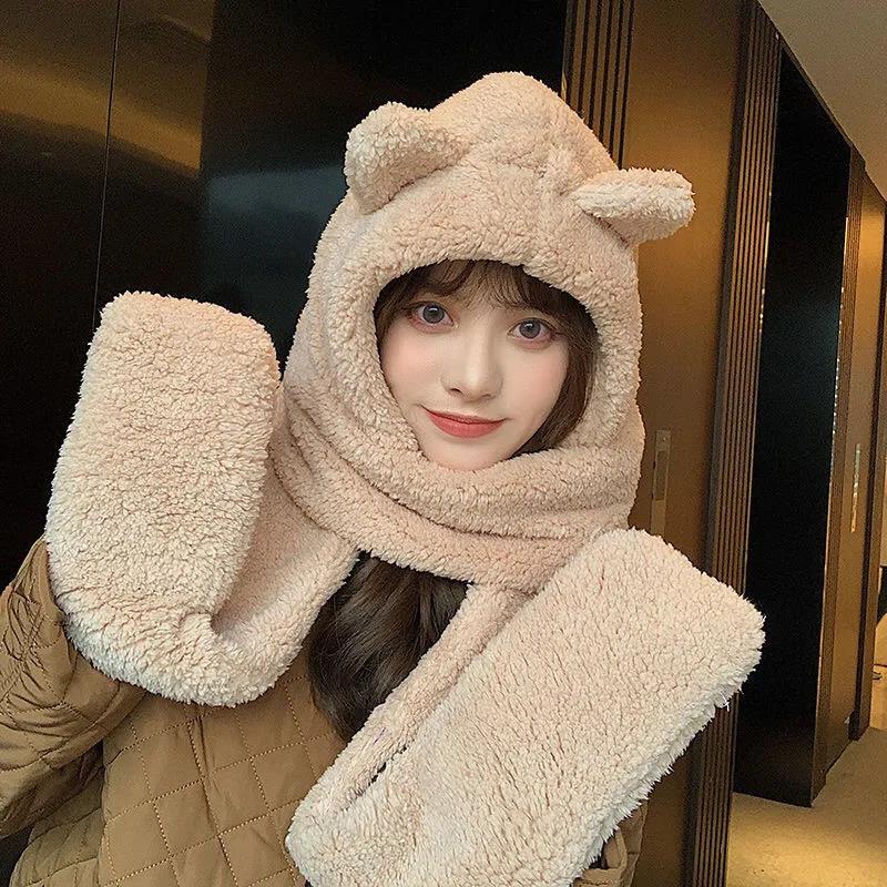 Women's Bear Ears Hat Scarf Gloves Set One-piece All-match Cute Plush Winter Scarf Hooded Cap Riding Windproof Warm Hat Face Ear Protection Hat