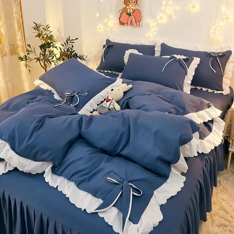 Korean Version of Solid Color Lace Bowknot Bed Skirt Four-piece Bedding Sanding Bed Linen Duvet Cover Double Bed