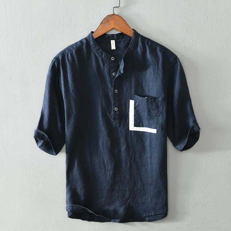 Cotton and Linen Stand-collar Short-sleeved Shirt Summer Men's Loose Thin Casual Retro Breathable Pullover Shirt