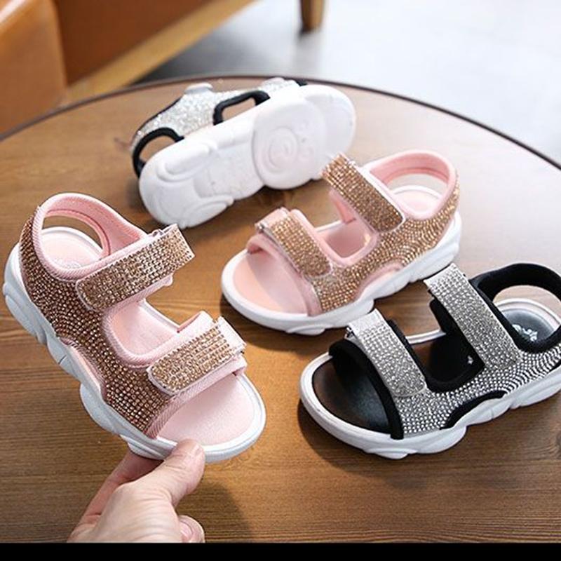 Girls Summer Bright Diamond Sandals Little Girls Children Students Flat Princess Shoes Soft Bottom Baby Beach Breathable Lightweight Shoes