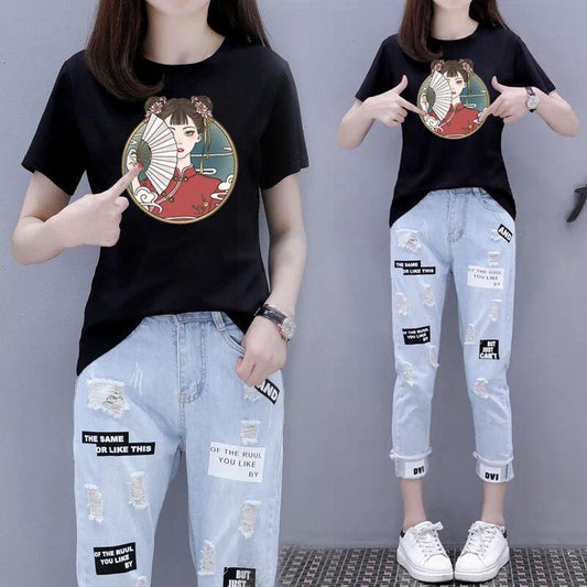 Suit Women Summer Print Round Neck Short-sleeved T-shirt Ripped Nine-point Jeans Loose Two-piece Cute Casual Suit